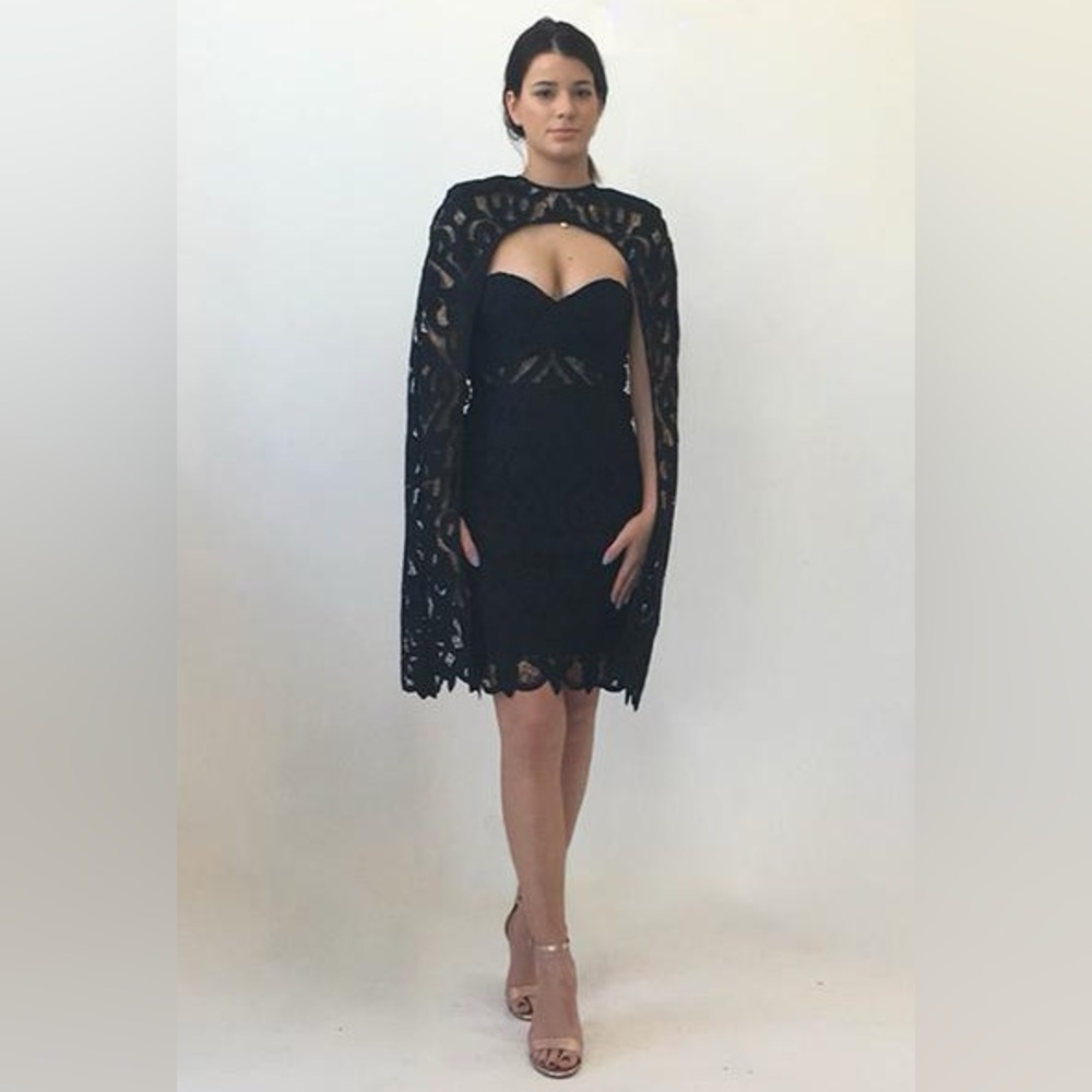 Thurley Black Strapless Lace Dress with removable Cape